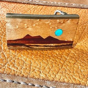 Vintage Southwest brass belt buckle with turquoise & wood inlay landscape design